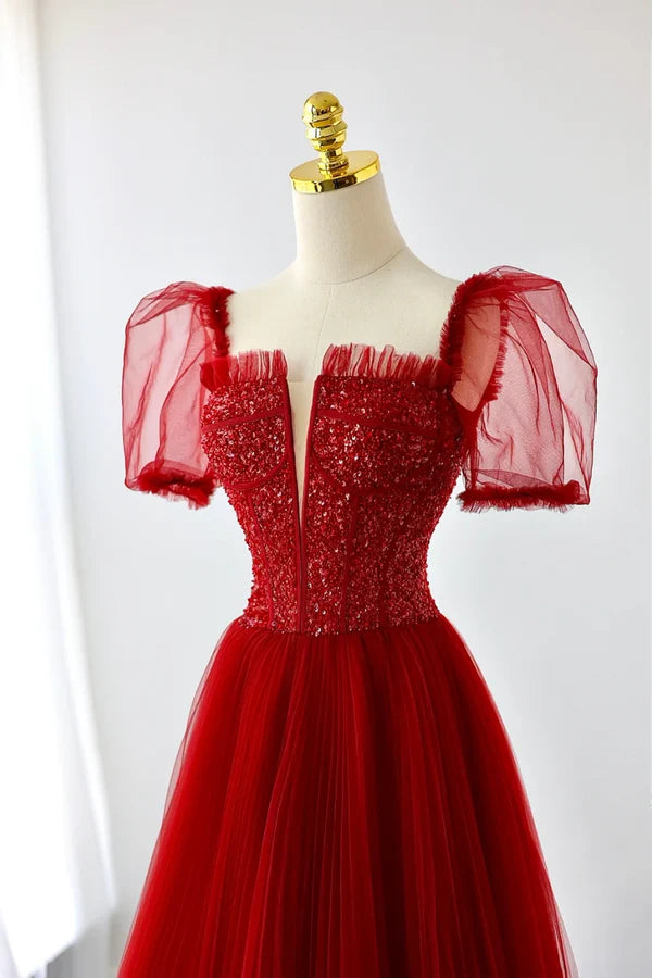 Wholesale Dark Red Tulle Floor Length Formal Dress Beautiful A-Line Short Sleeve Evening Dress with Beaded